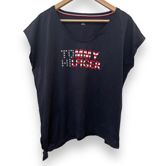 Tommy Hilfiger Tops - TOMMY HILFIGER Womens Sz L USA Flag S/S Logo Graphic Americana T Shirt Blue NWOT